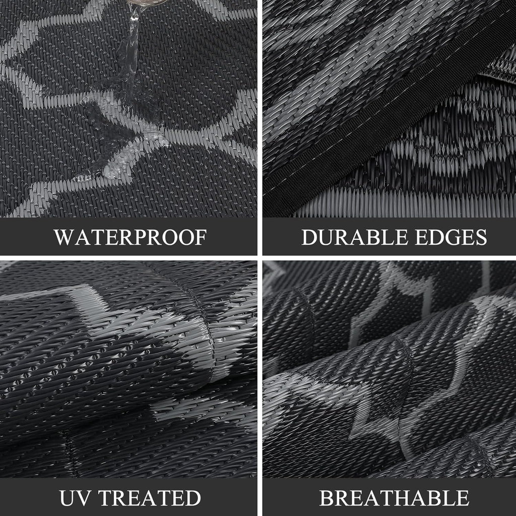 GAOMON Outdoor Plastic Straw Rug, 10'x14' Reversible Sage Green Patio Mat, Flower Modern Design for RV, Backyard, Deck, Camping, Picnic, Black/Grey(Geometric)