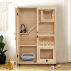 MCombo Wooden Cat Houses for Indoor Cats, Luxury Kitten House with Scratching Pad, Lockable Doors, Wheels, CT090