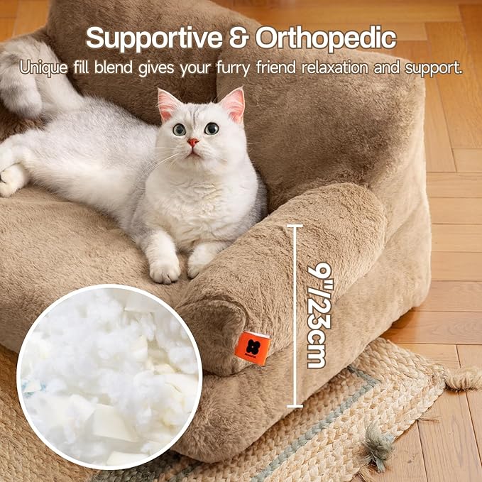 MEWOOFUN Dog Couch, Supportive Small Dog Bed for Puppy and Cats with Removable Washable Cover, Fluffy Cat Couch with Non-Slip Bottom (Camel, 26.0" L X 19.0" W X 13.0" Th)