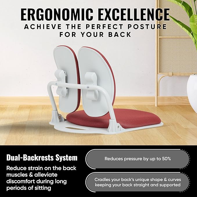 【Made in Korea】 Dual-Backrests Ergonomic Floor Chair with Back Support - Meditation Chair, Floor Gaming Chair, Reading Chair, Floor Chairs for Adults, Foldable Chair (Red)