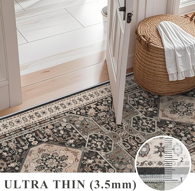 2x8 Halway Washable Runner Rug - Ultra-Soft Wide Kitchen Carpet with Non Slip Backing Stain Resistant Bedroom Laundry Rugs Durable Vintage Distressed Floor Decoration Mat for Bathroom 2x8 Black