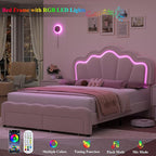 HOSTACK Full Upholstered LED Bed Frame with Storage Drawers, Cute Girls Bed with Adjustable Lotus Headboard, Velvet Princess Platform Bed Frame, Wooden Slats Support, No Box Spring Needed, Cream