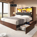 Full Farmhouse Bed Frame with Bookcase Headboard and 4 Drawers, LED Storage Bed with Charging Station & Linen Upholstered, No Box Spring Needed, Reclaimed Barnwood