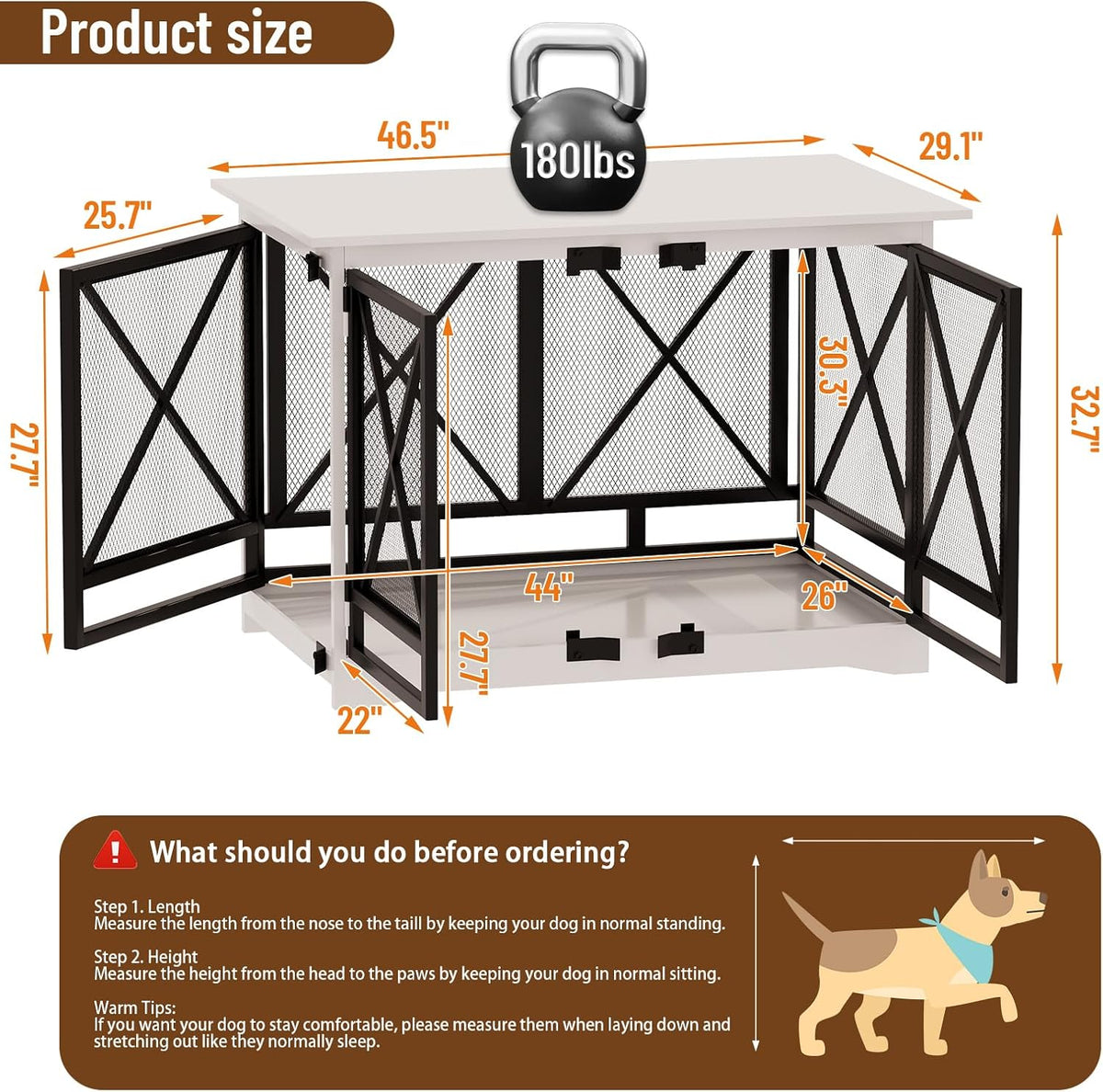 COZPAW Large Dog Crate Furniture - 48 inch Heavy Duty Dog Kennel Indoor for XLarge Breed with Double Doors, Wooden Dog Cage XL Modern Decorative End Table Pet House (White)
