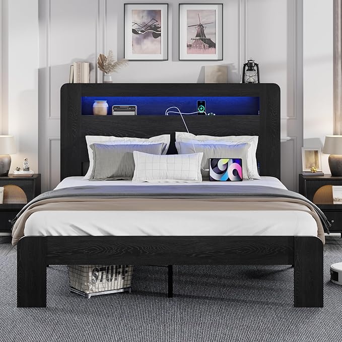 Queen Size Wooden Bed Frame with Bookcace Storage Headboard, Rustic Farmhouse Bedframe with LED Lights and Charging Station, Sturdy and Stable, Slat Support, No Box Spring Required (Black, Queen)