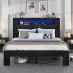 Queen Size Wooden Bed Frame with Bookcace Storage Headboard, Rustic Farmhouse Bedframe with LED Lights and Charging Station, Sturdy and Stable, Slat Support, No Box Spring Required (Black, Queen)