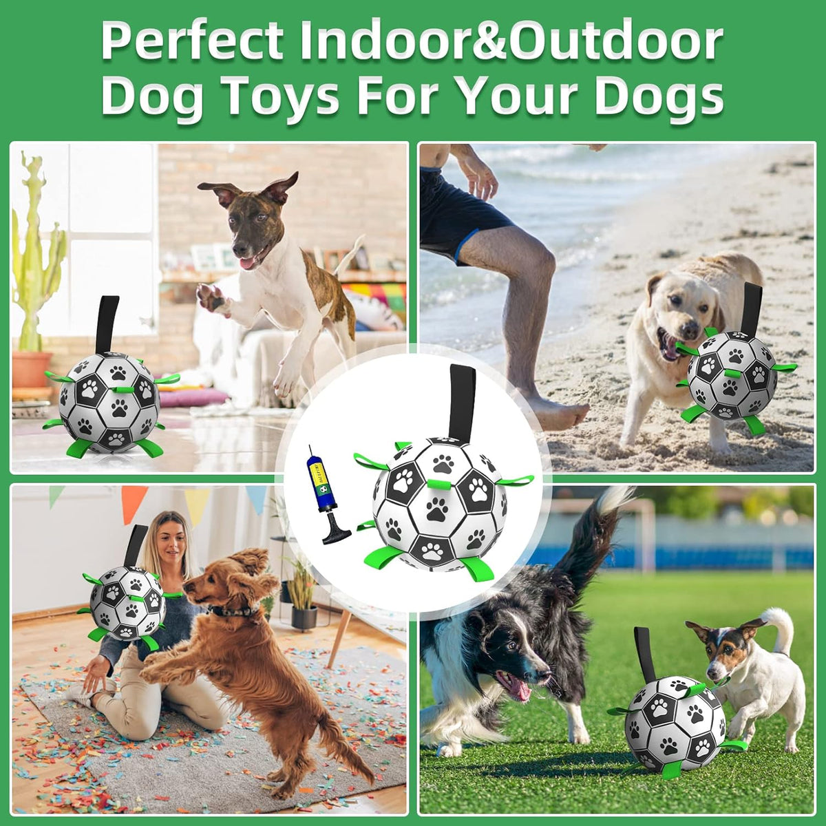 QDAN Dog Soccer Balls Toy with Bell Inside, Outdoor Interactive Dog Toys, Durable Ropes Squeaky Ball for Medium Large Dogs (8 Inch)