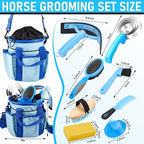 Cunhill 9 Pcs Horse Grooming Kit Tack Room Supplies Set with Tote Bag, Oval Massage Curry, Hard and Soft Brush, Hoof Pick, Sweat Scraper, Bathing Sponge, Comb for Horse Rider(Classic,Light Blue)