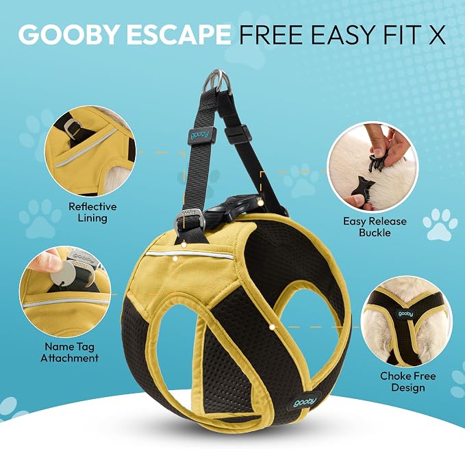 Gooby Escape Free Easy Fit X Step-in Dog Harness, Miami Yellow, Small | Patented escape-free, tightens on back-out; Choke-free X-frame + V-neck; Quick-release buckle; Reflective trim