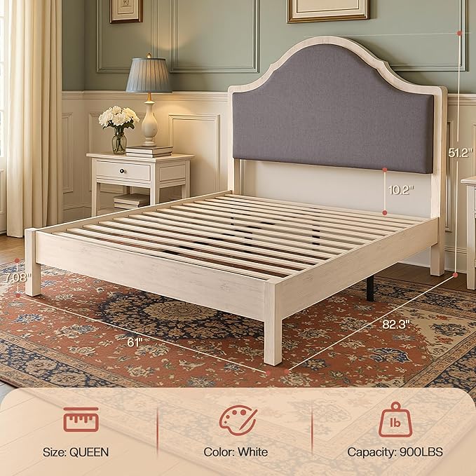 Jocisland Queen Size Bed Frame with Tall Upholstered Curved Headboard, Solid Wood Platform Bed, No Box Spring Needed, Wood Slat Support, Easy Assembly, White