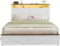 IRONCK Farmhouse Full Size Bed Frame with LED Light and Charging Station, Wood Bed Frame with Storage Headboard and 2 Drawers， Barn Door Design, Sturdy and Noiseless, White