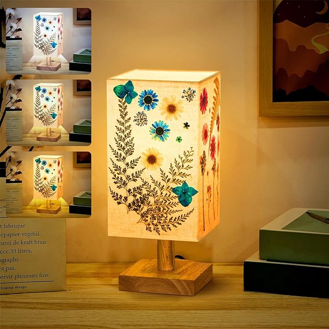 Hortsun Pressed Flower Lamp Vintage Table Small Lamp Cottagecore Decor Boho Night Light Decorative Rustic Night Light for Bedroom, Living Room or Office, Christmas Gift for Women(Square Style)