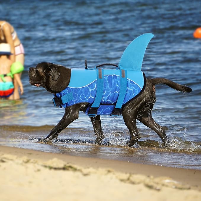 Shark Dog Life Jacket - High Buoyant Swimming Vest, Adjustable Easy-On for Small, Medium, Large Dogs (Blue, XL)