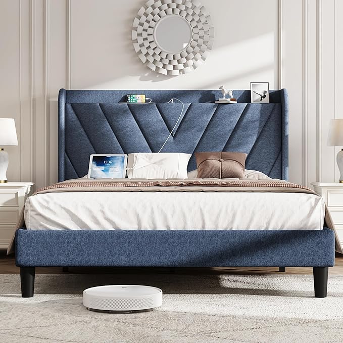 koorlian Queen Bed Frame with Headboard, Adjustable Upholstered Platform Bed Frame with Type-C&USB Ports, Wingback Storage Headboard, Solid Wood Slats Support, No Box Spring Needed, Dark Blue