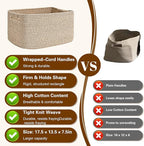 2 Pack Large Storage Basket for Organizing, 17.5"x13"x7" Woven Basket for Shelves, Closet Cube Storage Bins with Wrapped Handle, Cotton Rope Baskets for Kitchen, Clothes, Toys (Natural))
