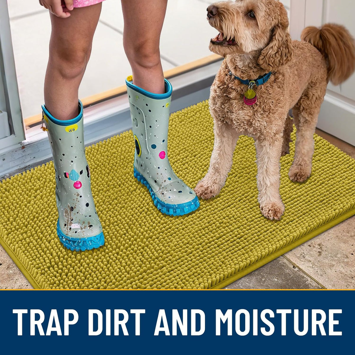 Smiry Dog Door Mat for Muddy Paws 36x24, Absorbs Moisture and Dirt Doormat, Non-Slip Washable Quick Dry Chenille Front Door Mat Indoor Entrance, Entryway Carpet for Inside Floor, Mustard Yellow
