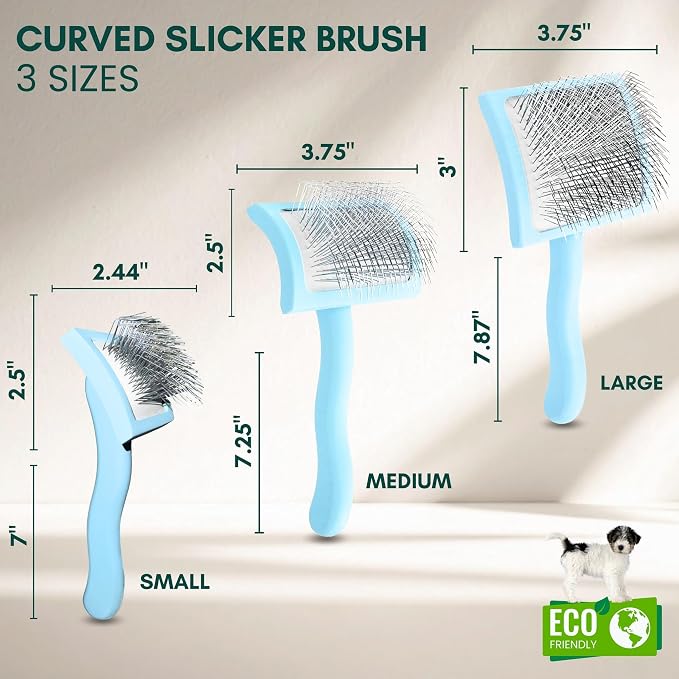 Pet Slicker Brush With Soft Massage Grooming Stainless Steel Pins - For Dematting, Shedding Fur, and Undercoat - Ideal Gift for Professional Pet Groomers - Long Slicker Brush (Blue, Curved Medium)