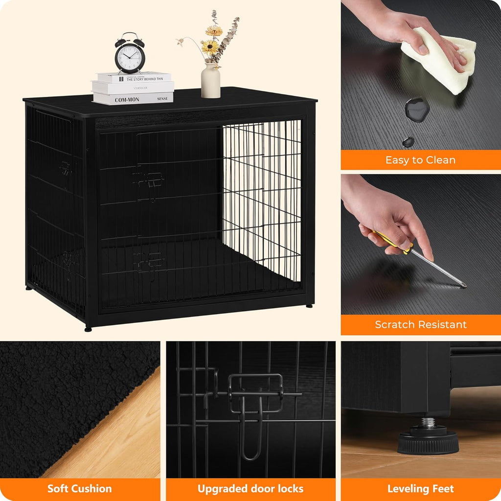 DWANTON Dog Crate Furniture with Cushion, Wooden Kennel Table with Double Doors, Indoor Dog House, Extra Large Size, 43.3" L, Black
