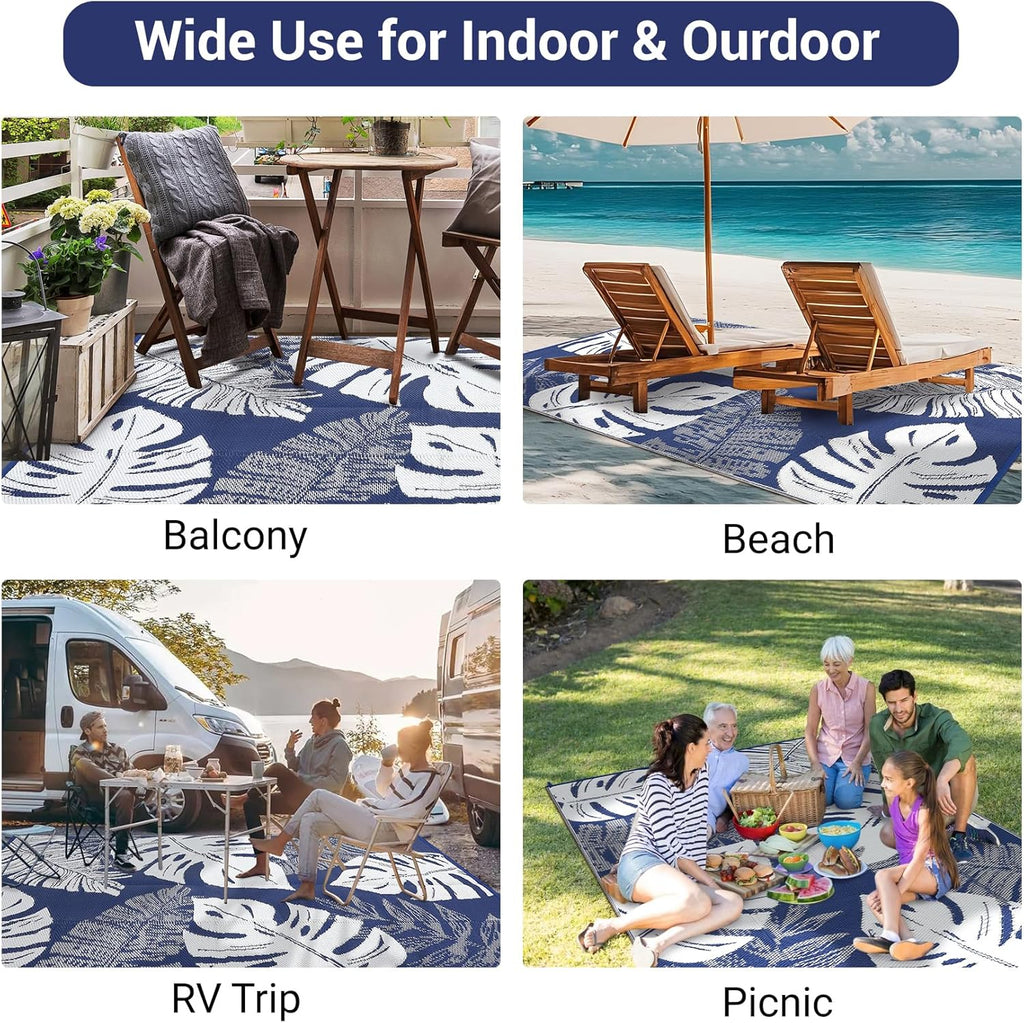 GAOMON Waterproof Plastic Straw Rug 9x12 Outdoor Patio Rugs, Reversible Modern Camping Mat with Bag & Stakes, UV Resistant & Easy to Clean Outdoor Carpet for RV, Deck, Balcony, Blue