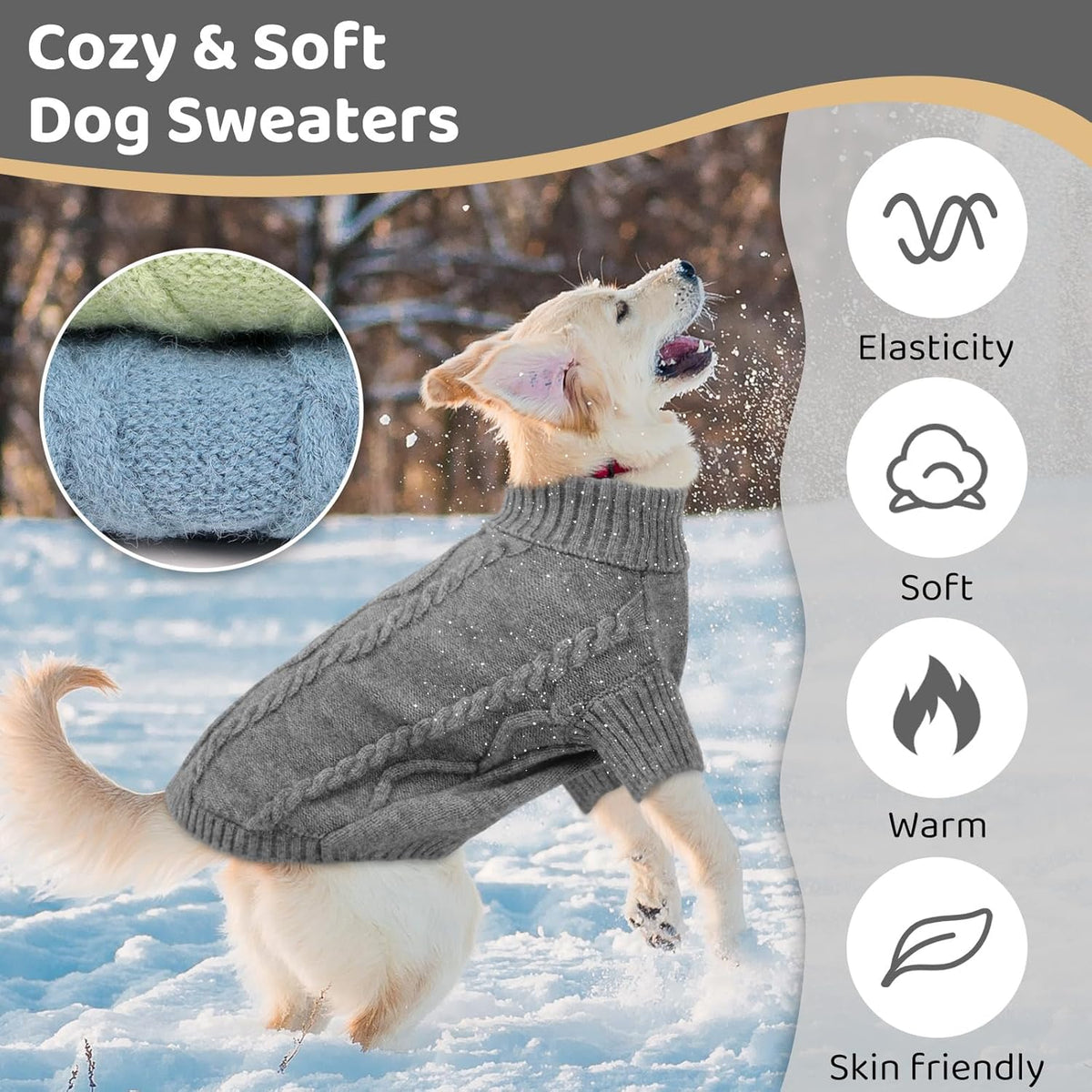 Queenmore Small Dog Pullover Sweater, Cold Weather Cable Knitwear, Classic Turtleneck Thick Warm Clothes for Chihuahua, Bulldog, Dachshund, Pug (Slate Grey, X-Small)
