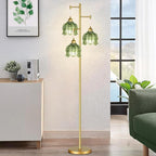 Vintage Floor Lamps for Living Room Bedroom-3 Light Gold Floor Lamp with Glass Lampshape, Flower Green Tall Lamp Mid Century Modern Standing Lamp Tree Floor Lamp for Bedroom Living Room Corner