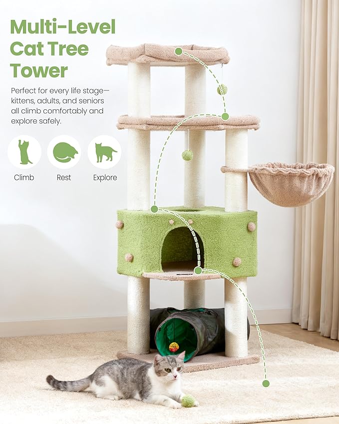 Cat Tree Tower for Indoor Cats Large Adult - Heavy Duty Extra Wide Scratching Post (φ4.4in) Maine Coon Condo House with Hammock Tunnel - 60 Inch XL Feline Bed Trees - Big Multi Level Cat Houses Stand