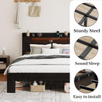 Wooden King Size Bed Frame with Storage Headboard, Farmhouse Platform Bedframe with Charging Station & Led Lights, Sturdy Wood Slat Framework, Easy Assembly (Rustic Black, King)