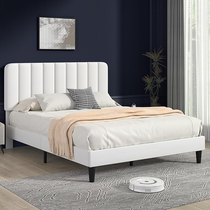VECELO Queen Size Bed Frame with Upholstered Headboard, Velvet Platform Bedframe Mattress Foundation, Strong Wood Slat Support, No Box Spring Needed,White