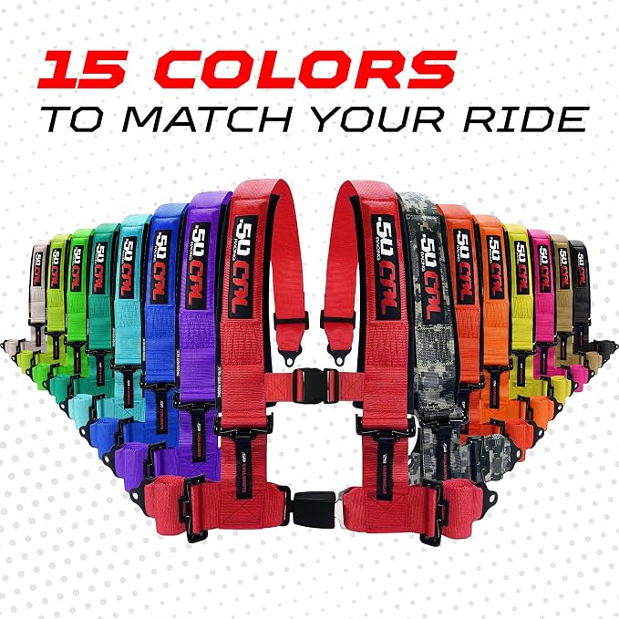 1pc 50 Cal Green 4 Point Harness 3in Straps, Racing Harness Seat Belt | Ultra Kush padding, Push Button quick release hardware. Universal Fit for UTV, RZR, race car.