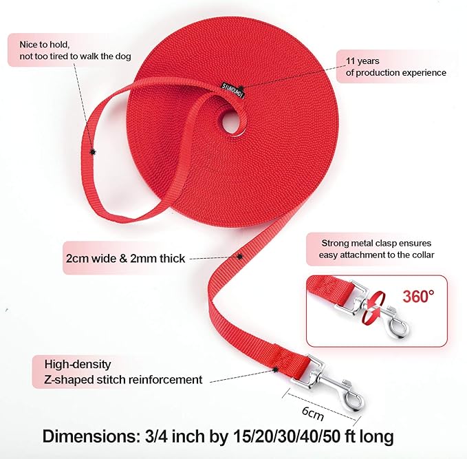 Dog/Puppy Obedience Recall Training Agility Lead -15ft 20ft 30ft 40ft 50ft Training Leash - Great for Play, Camping, or Backyard - Red 50ft