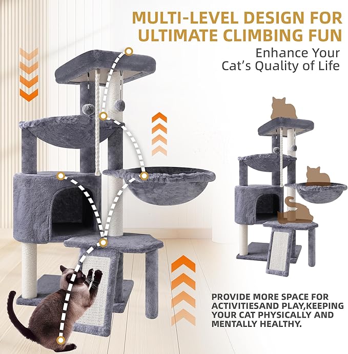 Xin Three Layer Cat Tree with Cat Condo and Two Hammocks,Grey