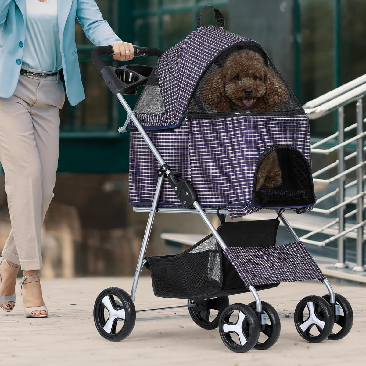 Magshion Foldable Pet Stroller, 3-in-1 Dog Travel Jogger with Detachable Carrier, Cup Holder, Storage Basket, Folding Carrier for Small/Medium Dogs & Cats Up to 33 lbs, Plaid