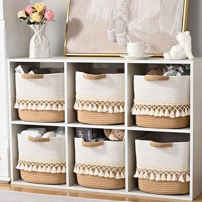 2 Pack Storage Basket for Shelves, Boho Cotton Rope Storage Bins with Heavy Tassel, Shelf Baskets Large Woven Baskets for Organizing, Cube Organizer Bins, Baby Laundry Basket for Clothes, Toys, Pets