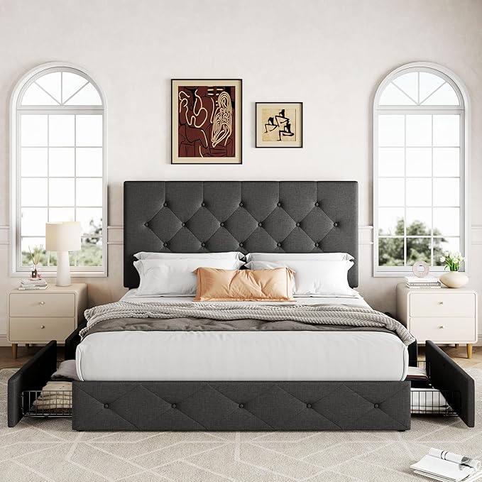 Allewie Upholstered Full Size Platform Bed Frame with 4 Storage Drawers and Headboard, Diamond Stitched Button Tufted, Mattress Foundation with Wooden Slats Support, No Box Spring Needed, Dark Grey