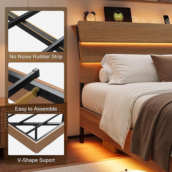 Full Size Bed with Charging Station, Floating LED Bed Frame with Wood Storage headboard, Heavy Duty Metal Slats, No Box Spring Needed, Noise Free, Easy Assembly, Walnut