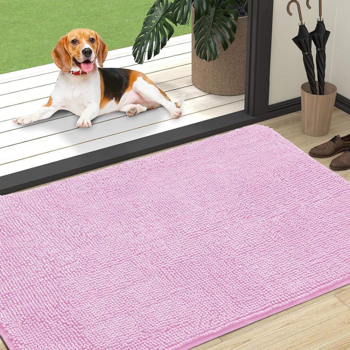 OLANLY Dog Door Mat for Muddy Paws 47x32, Absorbs Moisture and Dirt, Absorbent Non-Slip Washable Doormat, Quick Dry Chenille Mud Mat for Dogs, Entry Indoor Entryway Carpet for Inside Floor, Pink