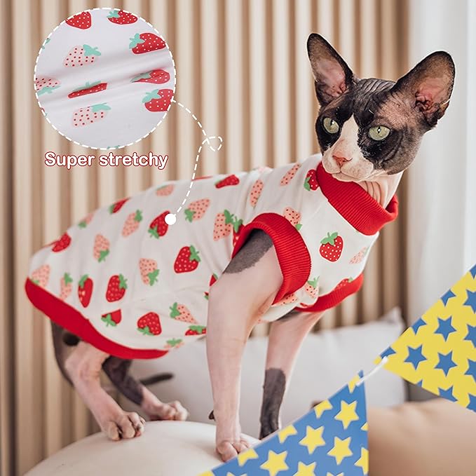 PUMYPOREITY Sphynx Cat Clothes, Stretchy Sweater, Soft Shirt, Pullover Pajamas, Turtleneck for Sphynx, Cornish Rex, Devon Rex, Red, XS