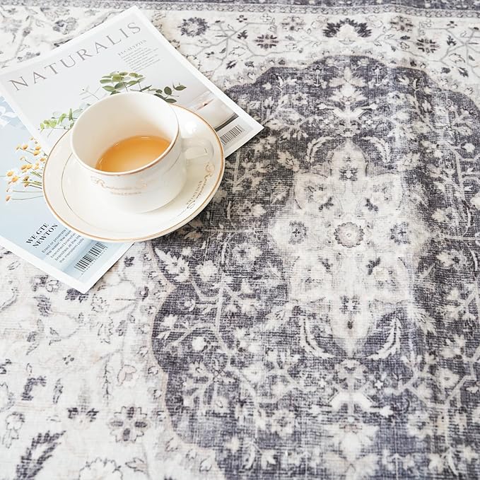 Hallway Washable Runner Rug - 2'6x12 Kitchen Rugs Entryway Rug Runner Vintage Soft Floor Mat Non Slip Indoor Farmhouse Carpet for Bathroom Living Room Bedroom (2'6''x12', Grey)