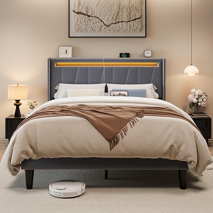 Allewie Queen Size LED Bed Frame with Charging Station, Velvet Upholstered Platform Bed with Geometric Wingback Headboard, Modern Frame with No Box Spring Needed, Easy Assembly, Grey