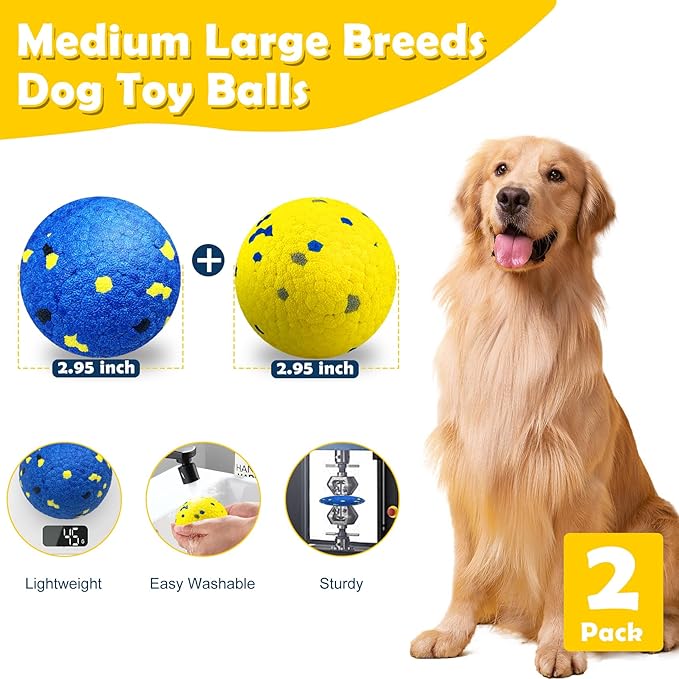 2 Pack Dog Balls Indestructible Tennis Balls for Dogs Durable Bouncy Dog Toy Balls for Aggressive Chewers Interactive Dog Toys for Water Toy Fetch Balls (Yellow,Blue)