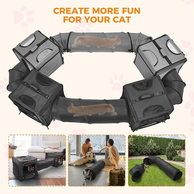 PETUX 2-in-1 Double Cat Carrier for Multiple Cats - Large Cat Travel Carrier with Litter Box, Play Tunnels, and Hammock - Portable Pet Carriers for Long Car Trips ＆ Vet Visit (34"x17"x17", Black)