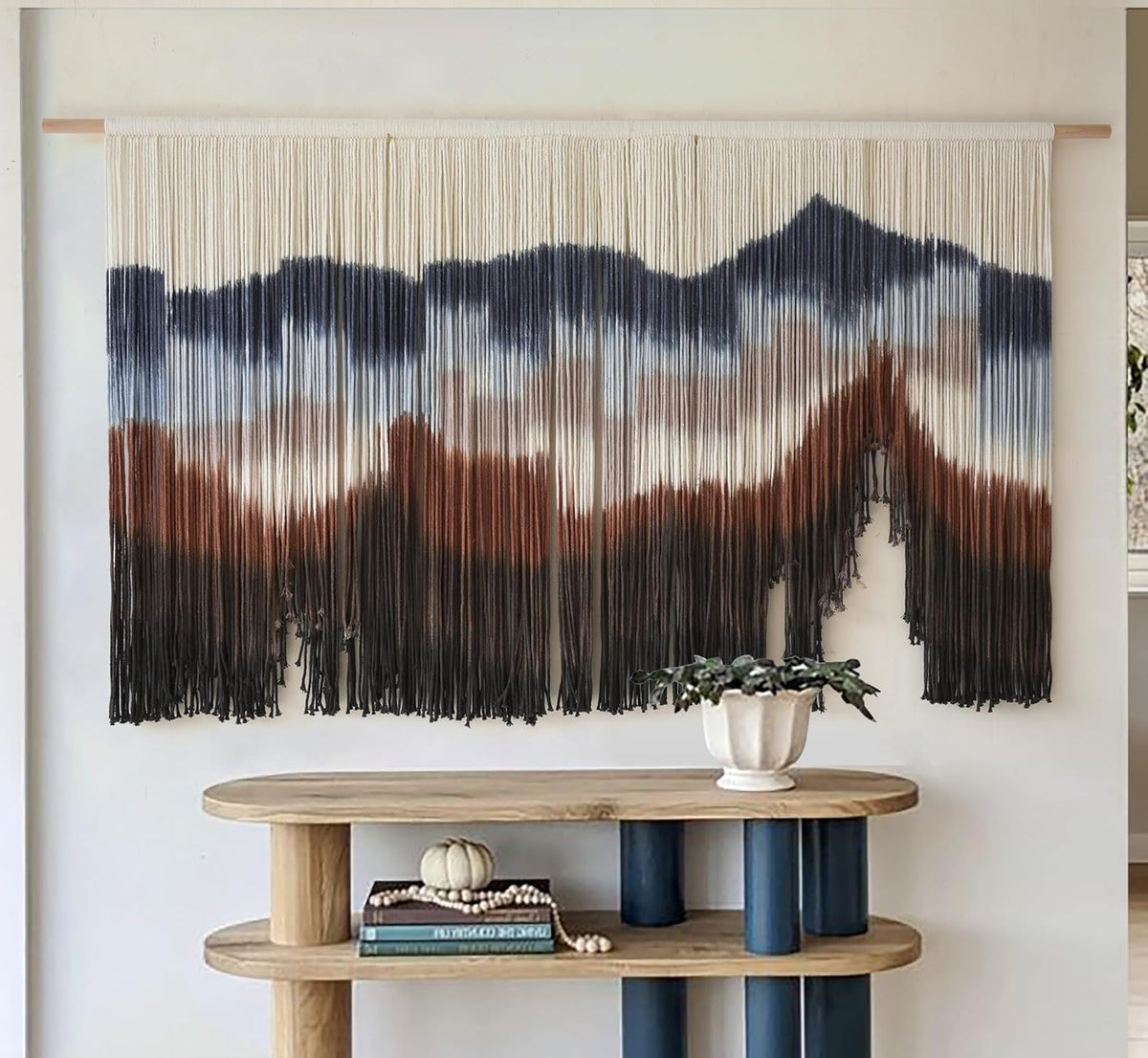 Flber Large Macrame Wall Hanging 57" W x 31" L Handmade Dip Dye Tapestry Bohemian Fiber Art Wall Hanging Mountain Inspired Wall Tapestry Neutral Rustic Wall Decor for Bedroom Living Room