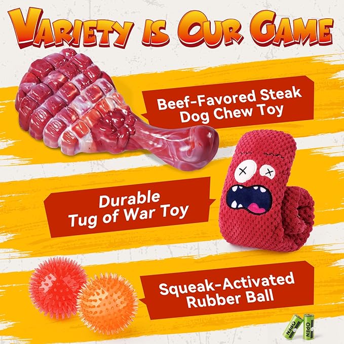 KIPRITII Heavy - Duty Dog Chew Toys for Aggressive Chewers – 6 Pack Tough Dog Toys Include Indestructible Chew Bone, Interactive Tug Toys & Squeaky Balls, Ideal for Medium & Large Breeds Dogs