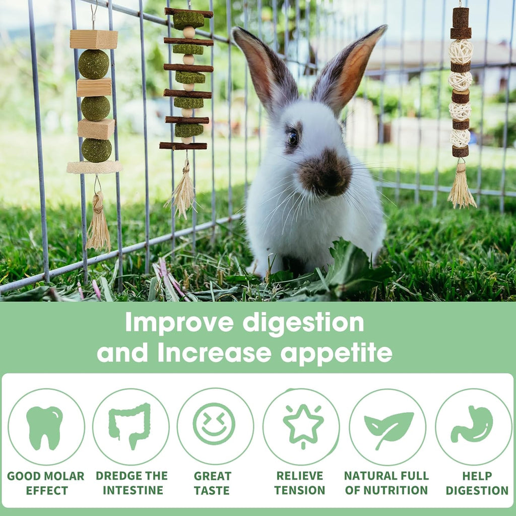 WDEFUN 3 PCS Bunny Chew Toys, Natural Hanging Rabbit Chew Toy Treats for Guinea Pigs Hamsters Gerbils Chinchilla and Other Small Pets for Teeth Grinding