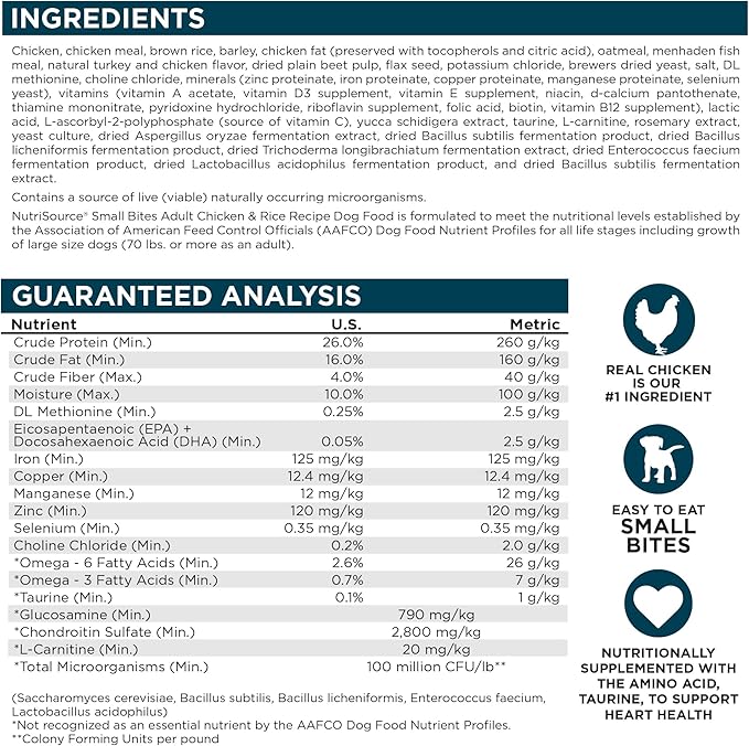 NutriSource Adult Dry Dog Food, Small Bites, Chicken and Rice, 12LB