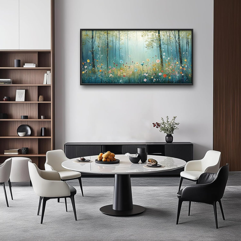Large Forest Tree Wall Art for Living Room, Framed Oversized Wildflowers Wall Decor, Foggy Landscape Canvas Painting Modern Artwork Home Decoration for Dining Room Bedroom Office 60"x30"
