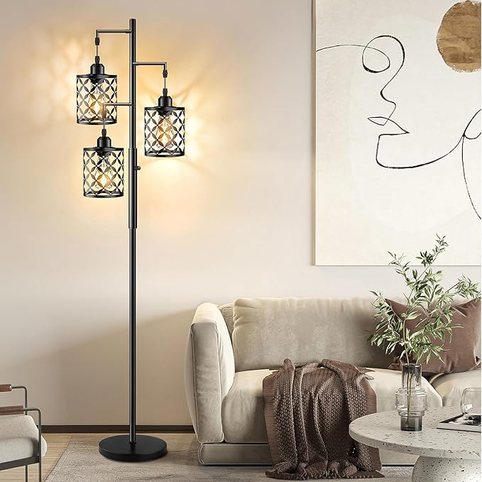 【Upgraded】72" Tall Dimmable Floor Lamp, Farmhouse Standing Lamp with Elegant Metal Cages, Industrial Tree Floor Lamps for Living Room, Bedroom, Study Room, Office (3 x 800LM LED Bulbs Included) -Black