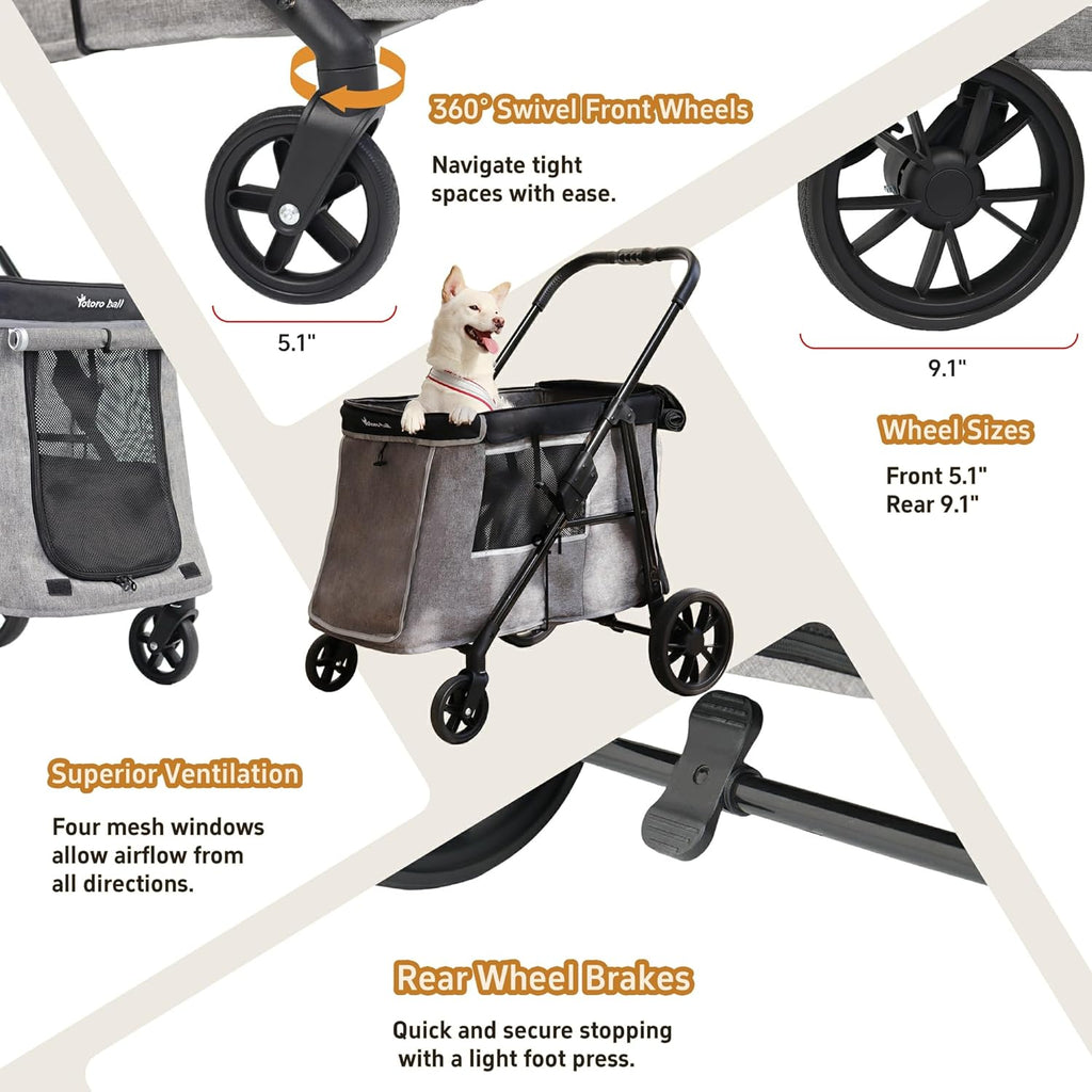 Medium Dog Stroller for Small to Large Dogs 4 Wheels Multi Pet Stroller for 4 Dogs Holds Up to 66lbs, One-Click Folding&Smooth Tires&Sunshade & Storage Basket (Gray, Medium)