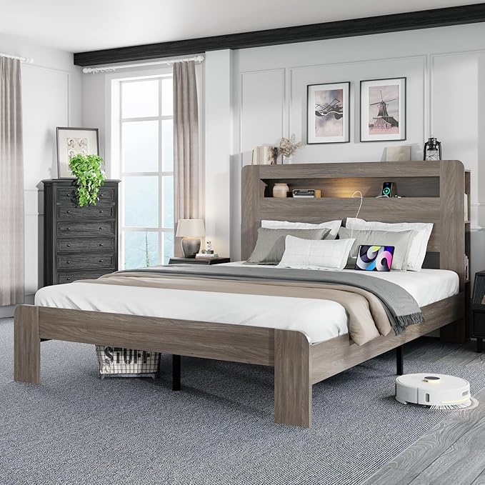 Full Size Wooden Bed Frame with Bookcace Storage Headboard, Rustic Farmhouse Bedframe with LED Lights and Charging Station, Sturdy and Stable, Slat Support, No Box Spring Required (Light Brown, Full)