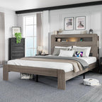 Full Size Wooden Bed Frame with Bookcace Storage Headboard, Rustic Farmhouse Bedframe with LED Lights and Charging Station, Sturdy and Stable, Slat Support, No Box Spring Required (Light Brown, Full)